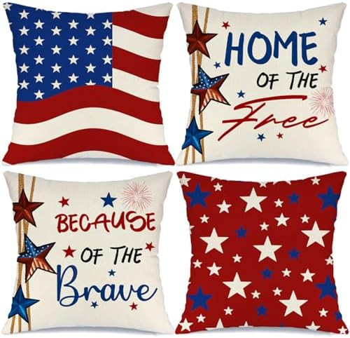 4th of July Pillow Covers 18x18 Set of 4 America Flag Stars Independence Day Decorations Home of ... | Amazon (US)