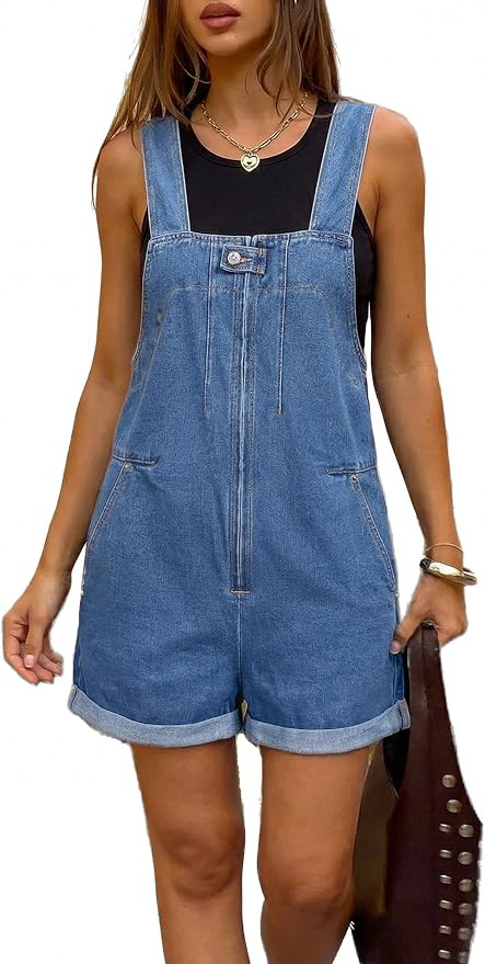 Denim Overall Shorts for Women 2026 Front Zip Closure Cuffed Hem Jean Romper Shortalls with 4 Poc... | Amazon (US)