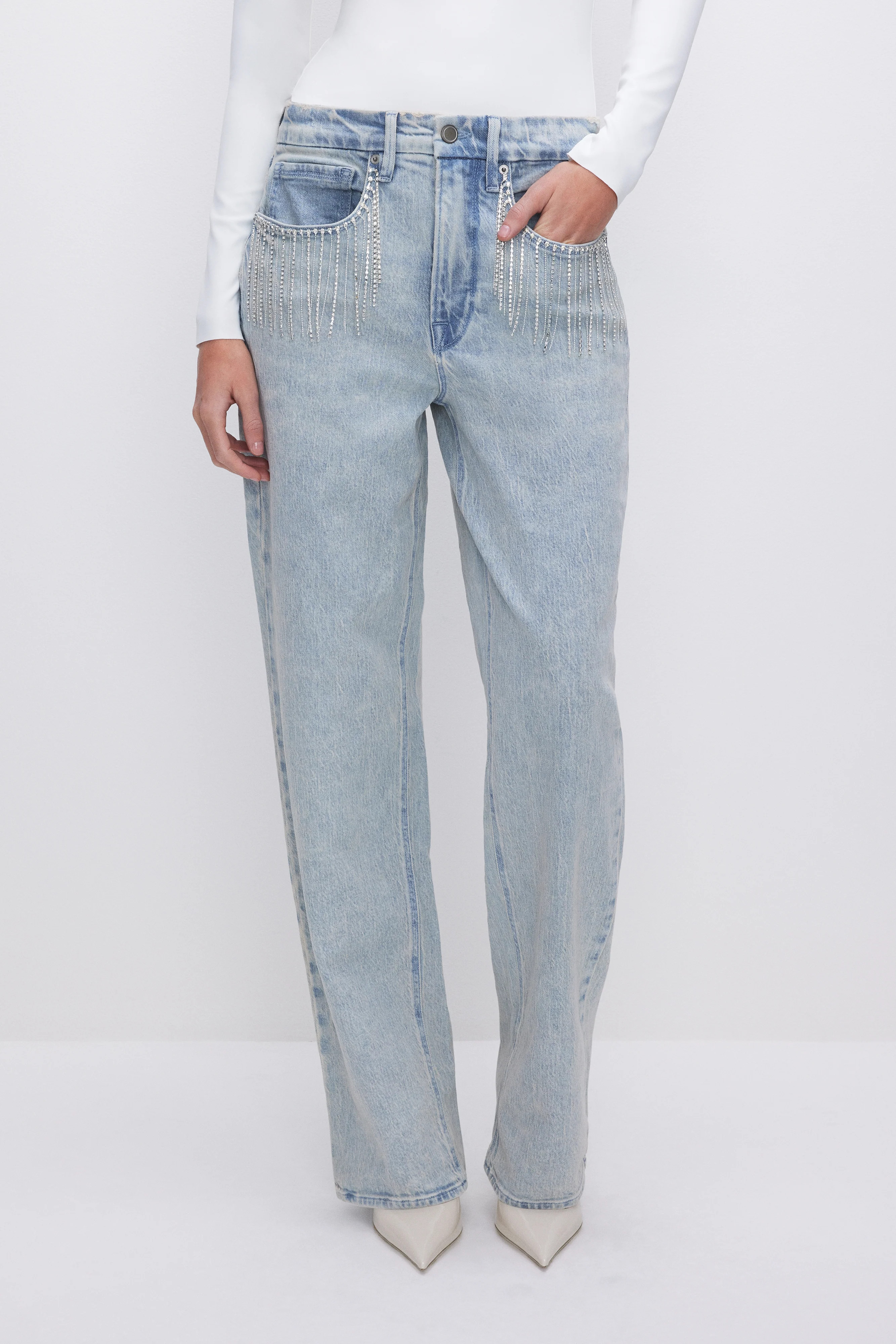 GOOD ’90s DIAMOND FRINGE RELAXED JEANS | Good American