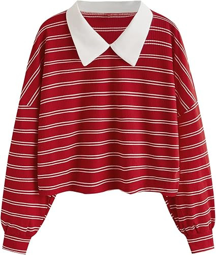 SweatyRocks Women's Casual Long Sleeve Striped Tee Top Collar Neck T-Shirt | Amazon (US)