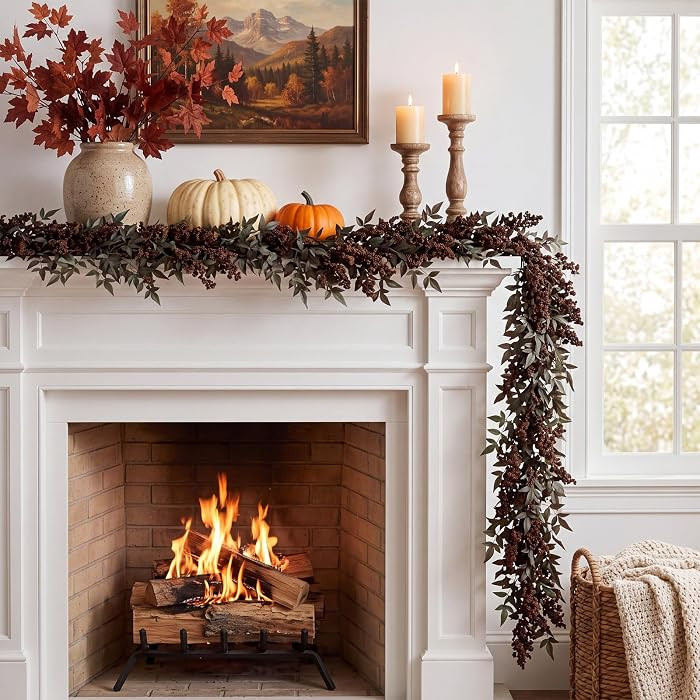 9 ft Dusty Brown Fall Berry Garlands Nandina Faux Plum Blossom Stem | Amazon (US)