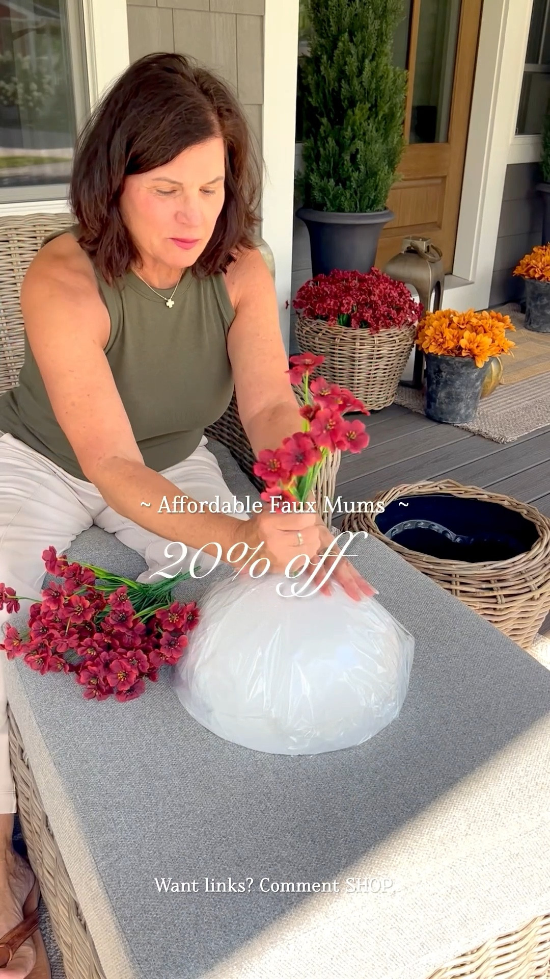 My porch mums are 20% off! They are the prettiest color for fall.

I used two orders in each planter (size L). This door wreath is large, gorgeous and under $50! I used a large command hook to hang it and added gold velvet ribbon in 1-1/2 and 5/8 inch. Add a velvet pillow for cozy warmth.

#LTKFindsUnder50 #LTKSeasonal #LTKHome