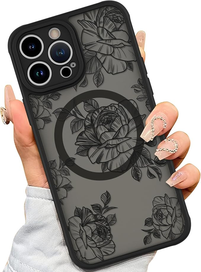 AIGOMARA Case for iPhone 14 Pro Max [Compatible with MagSafe] Black Flower Floral Pattern Design ... | Amazon (US)