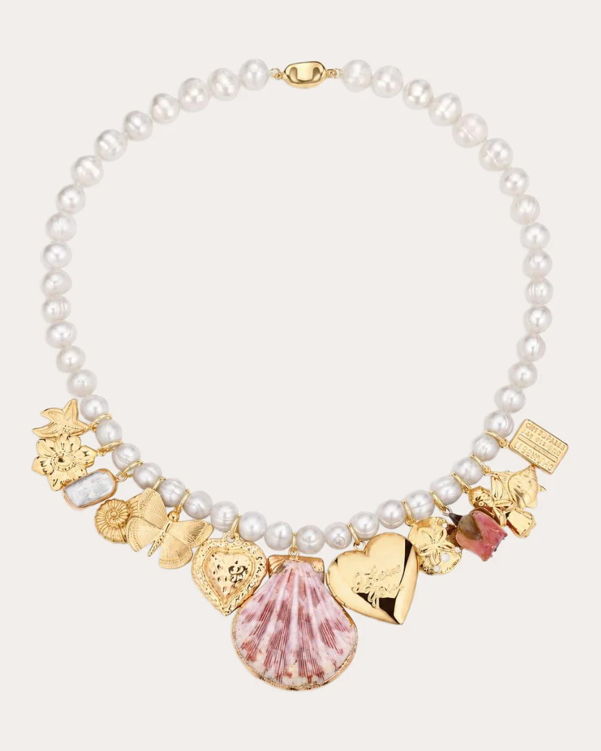 Club Coastal Women's In The Clouds Charm Necklace in Freshwater Pearl 18K Gold | Olivela