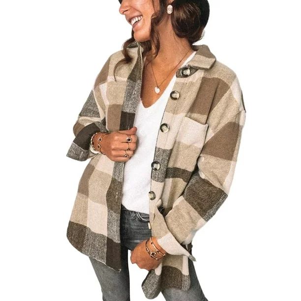 Chase Secret Women's Corduroy Shirt Jacket Plaid Flannel Button Down Oversized Shacket Coat Petit... | Walmart (US)