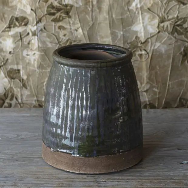Aged Dripped Glazed Butterchurn Vase 6 inch | Antique Farm House