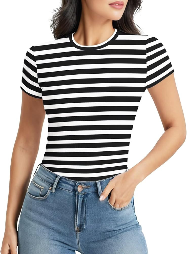 Striped Shirt Women Short Sleeve, Crewneck T-Shirts for Woman Stripes, Fitted Ribbed Tee Stretchy | Amazon (US)