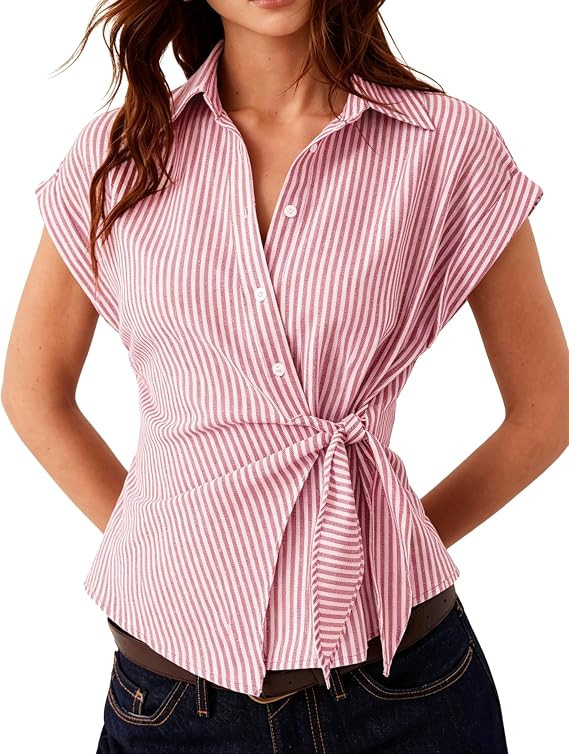 Women's Striped Button Down Shirt Blouse Short Sleeve Front Tie Asymmetric Hem Casual Top for Wor... | Amazon (US)