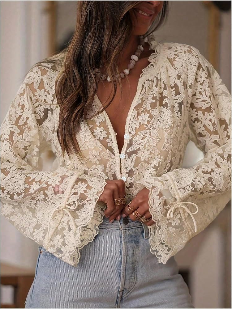 GORGLITTER Women's Lace Boho Flowy Tops Sheer Peasant Embroidered Blouse | Amazon (US)
