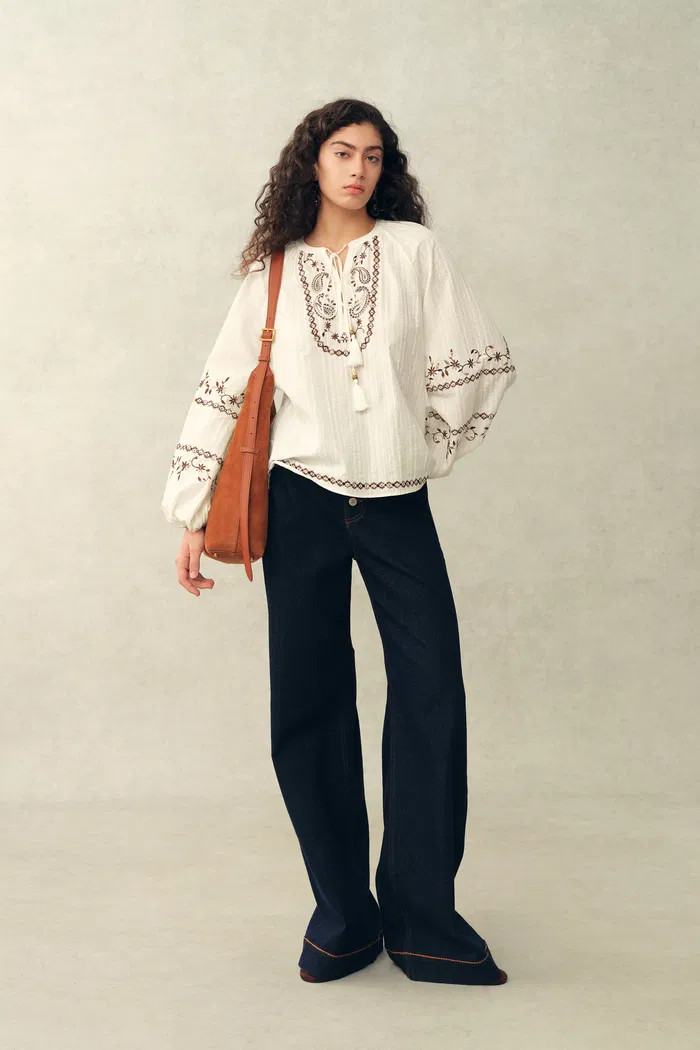 Brioche Beaded Tassel Tie Embroidery Blouse in Crinkled Cotton | Fabrique