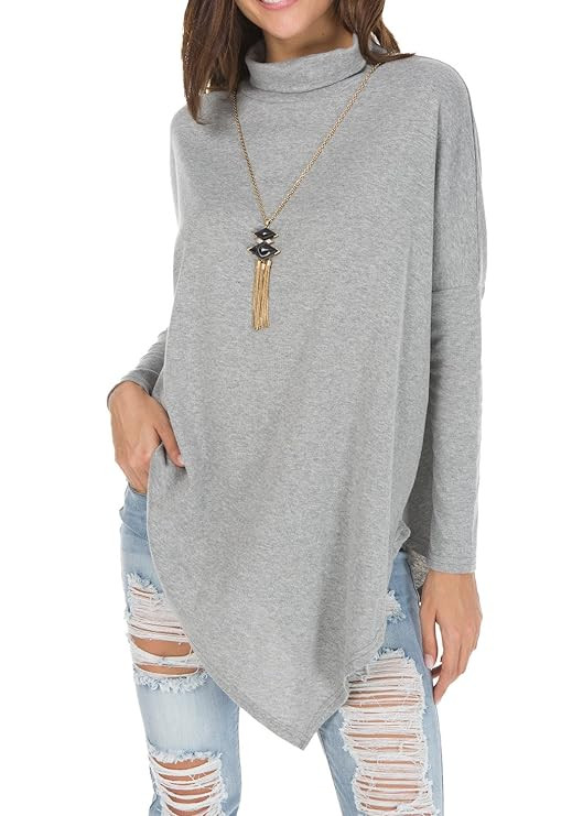 levaca Women's Long Batwing Sleeve Turtleneck Hankerchief Hem Loose Casual Tunic | Amazon (US)