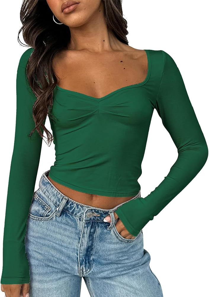 ForeFair Women's Sexy Long Sleeve Going Out Tops Pleated Bustier Shirt Cute Sweetheart Neck Y2K C... | Amazon (US)