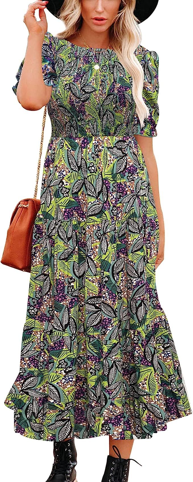 PYGFEMR Women's 2022 New Summer Crewneck Ruffle Short Sleeve Boho Smocked Floral Maxi Dress | Amazon (US)