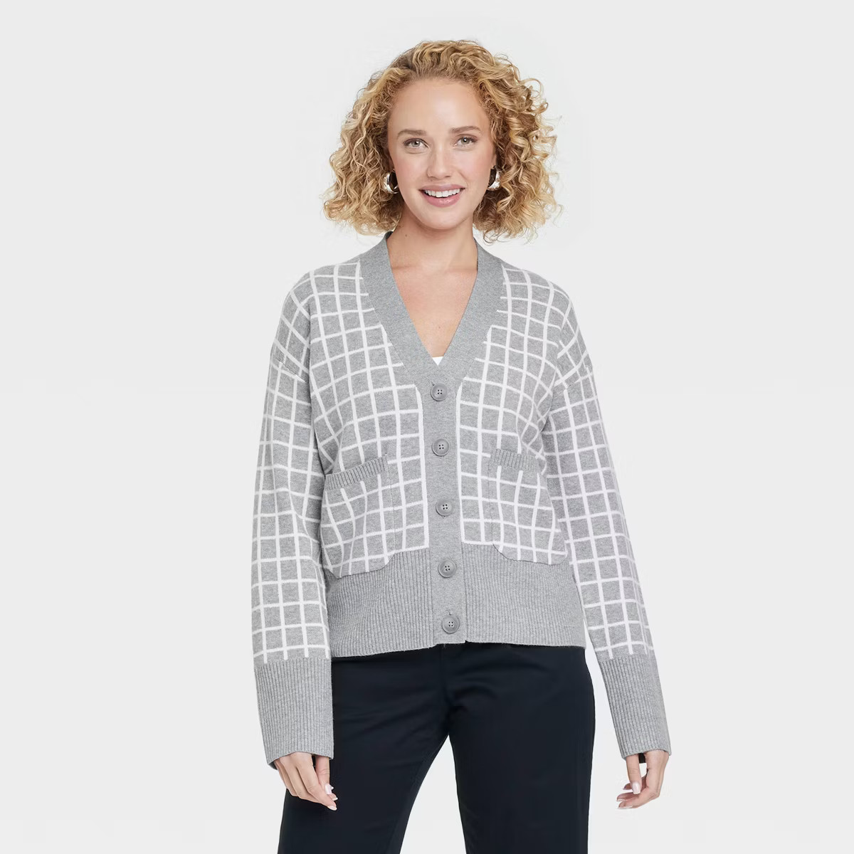 Women's Cozy Knit Everyday Cardigan - A New Day™ Light Gray Windowpane M | Target