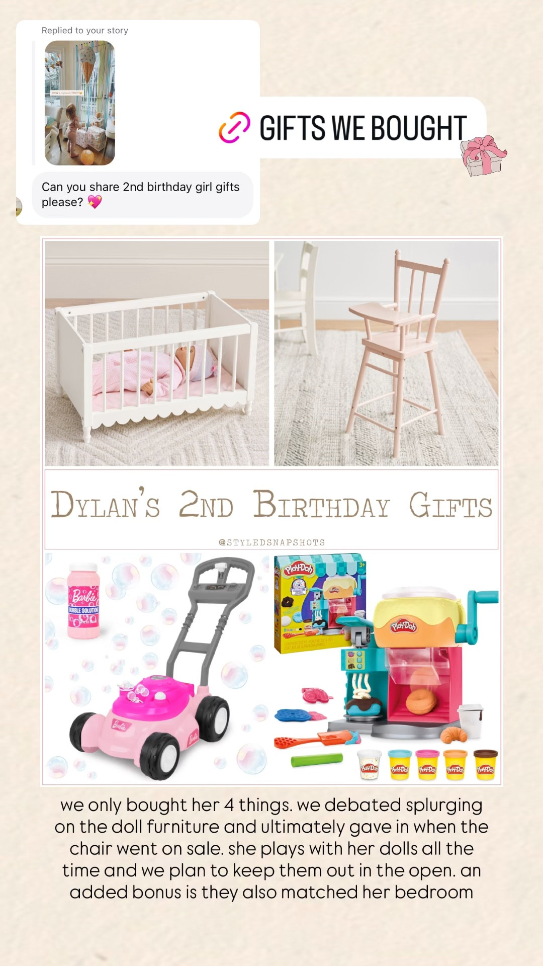 What we bought our 2 year old daughter for her birthday 🎁 I wouldn’t normally spend this much on doll furniture, but the chair went on sale and she plays with her dolls the most and we plan to keep out in the open. Added bonus is it also matches her bedroom decor 

toddler girl gift guide 

#LTKKids