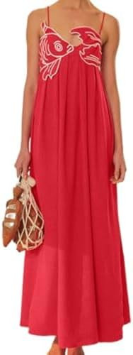 Koi Fish Spaghetti Strap Maxi Dress Flowy Cami Dress Vacation Y2k Women Red Summer Long Dresses | Amazon (US)