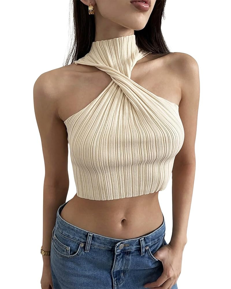 CORIRESHA Women's Sexy Twist Front Sleeveless Mock Neck Slim Ribbed Crop Tank Tops | Amazon (US)