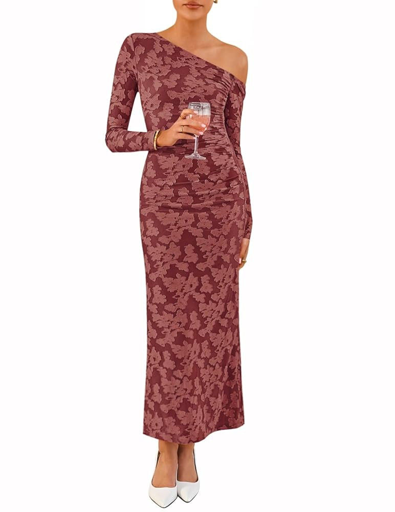 ZESICA Women's Fall Floral Off Shoulder Bodycon Maxi Dresses 2025 Long Sleeve Ruched Elegant Cock... | Amazon (US)