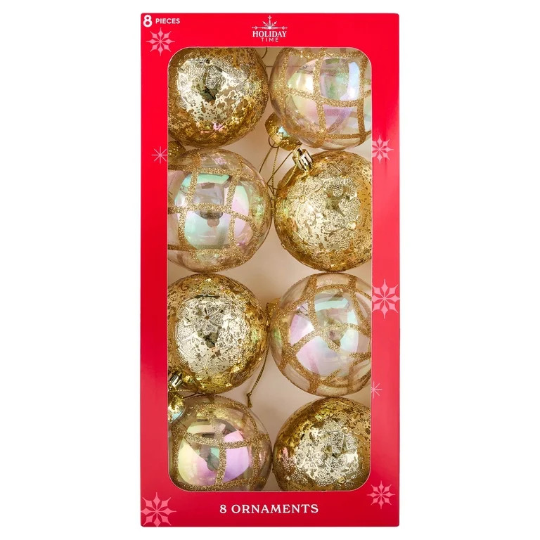 8-Count Gold and Iridescent Vintage-Style Shatterproof Christmas Ornaments, 4.3", by Holiday Time | Walmart (US)