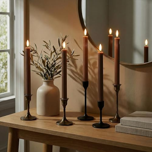10" Fluted Ribbed LED Brown Tan Grooved Real Wax Taper Candles, Remote & 24h Timer Memory, On/Off... | Amazon (US)