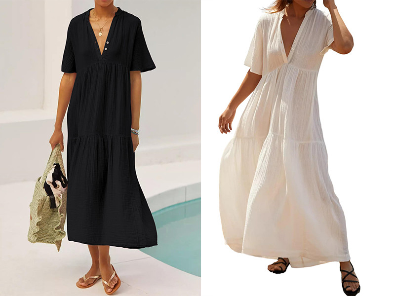 R.Vivimos Womens Summer Cotton Flowy Maxi Dress Short Sleeve V Neck Empire Waist Boho Tiered Ruff... | Amazon (US)