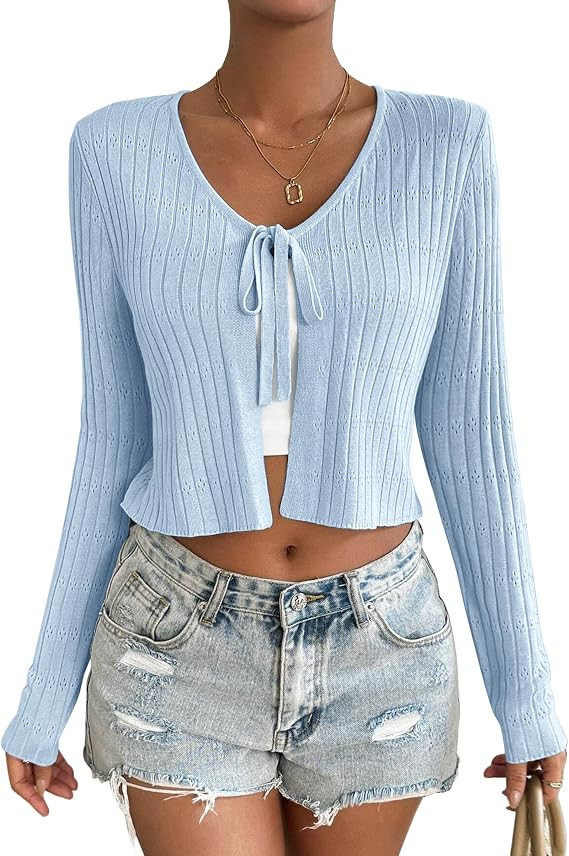 Womens Tie Front Cardigan Long Sleeve Rib Knit Shrug for Dress Sweaters Crop Tops | Amazon (US)