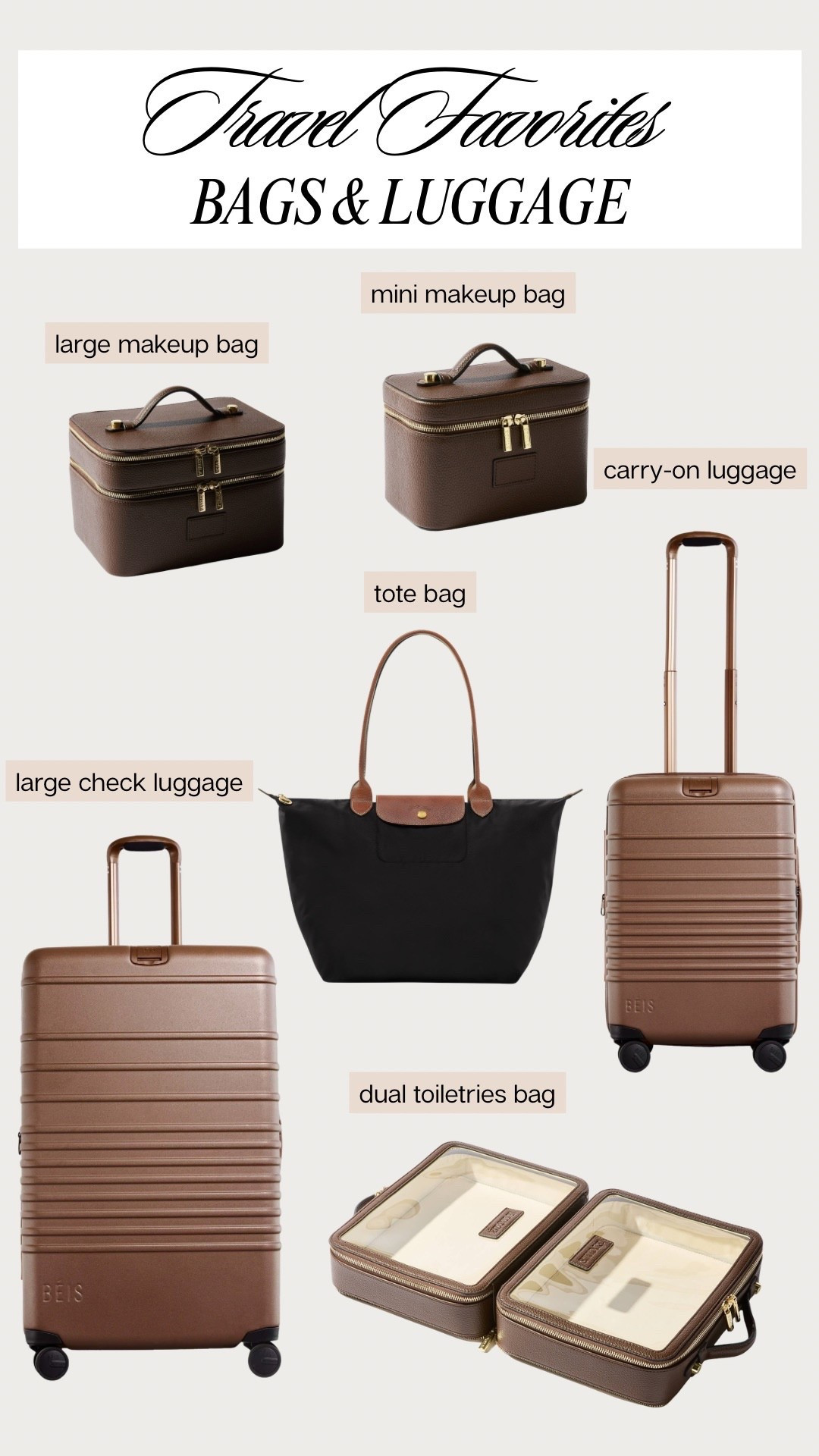 My favorite travel essentials 🖤🧳 luggage, personal tote bag, makeup bag & toiletries organizer bag 

#LTKTravel