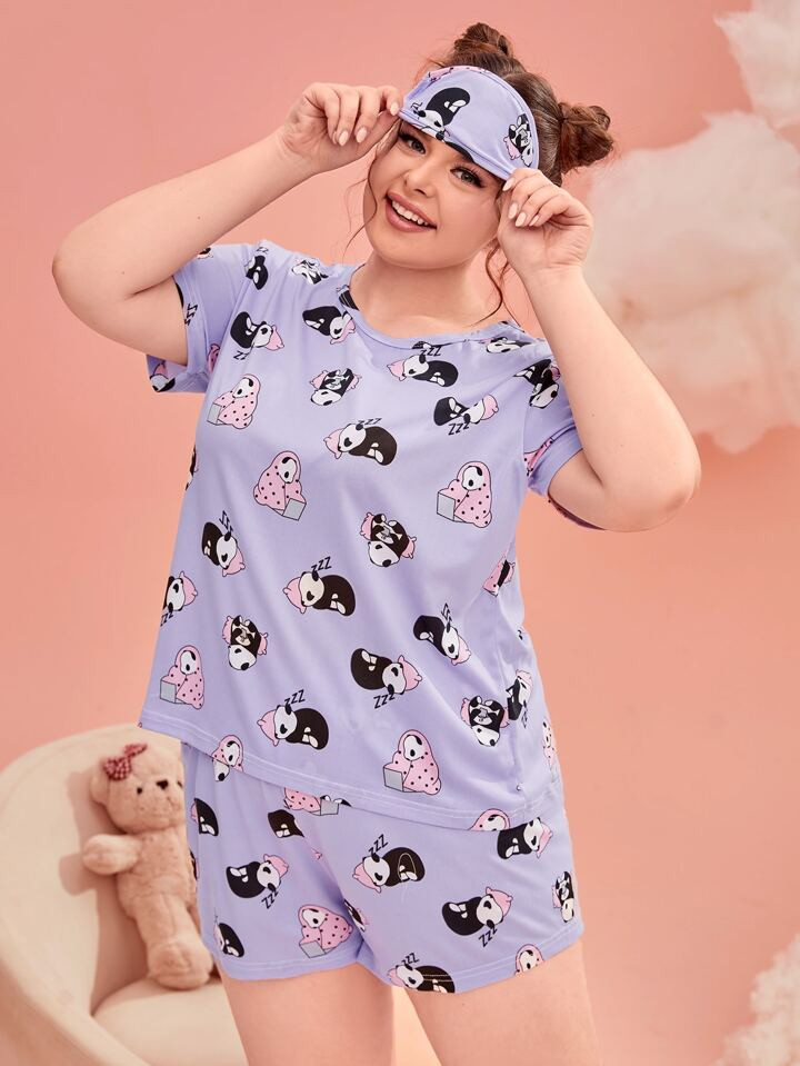 Plus Panda And Letter Graphic PJ Set With Eye Mask | SHEIN