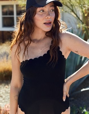 Aerie Waffle Scalloped One Shoulder One Piece Swimsuit | American Eagle Outfitters (US & CA)