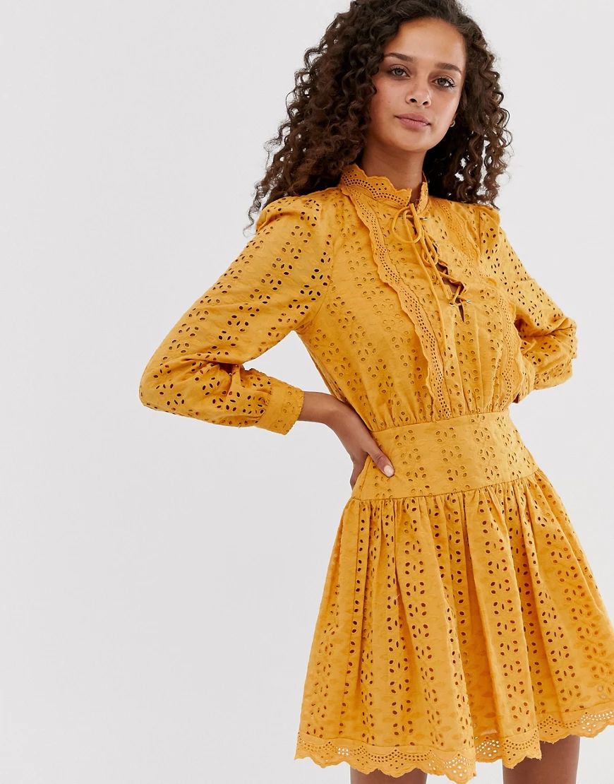 ASOS DESIGN broderie mini tea dress-Yellow | ASOS (Global)