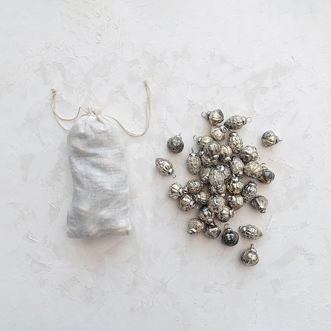 Creative Co-Op Embossed Mercury Glass Ornaments in Muslin Bag, Antique Silver Finish, Set of 36 | Amazon (US)