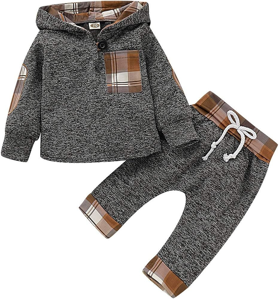Newborn Baby Boys Clothes Long Sleeve Hoodie Sweatshirt Toddler Baby Outfit Plaid Pant Set Infant... | Amazon (US)