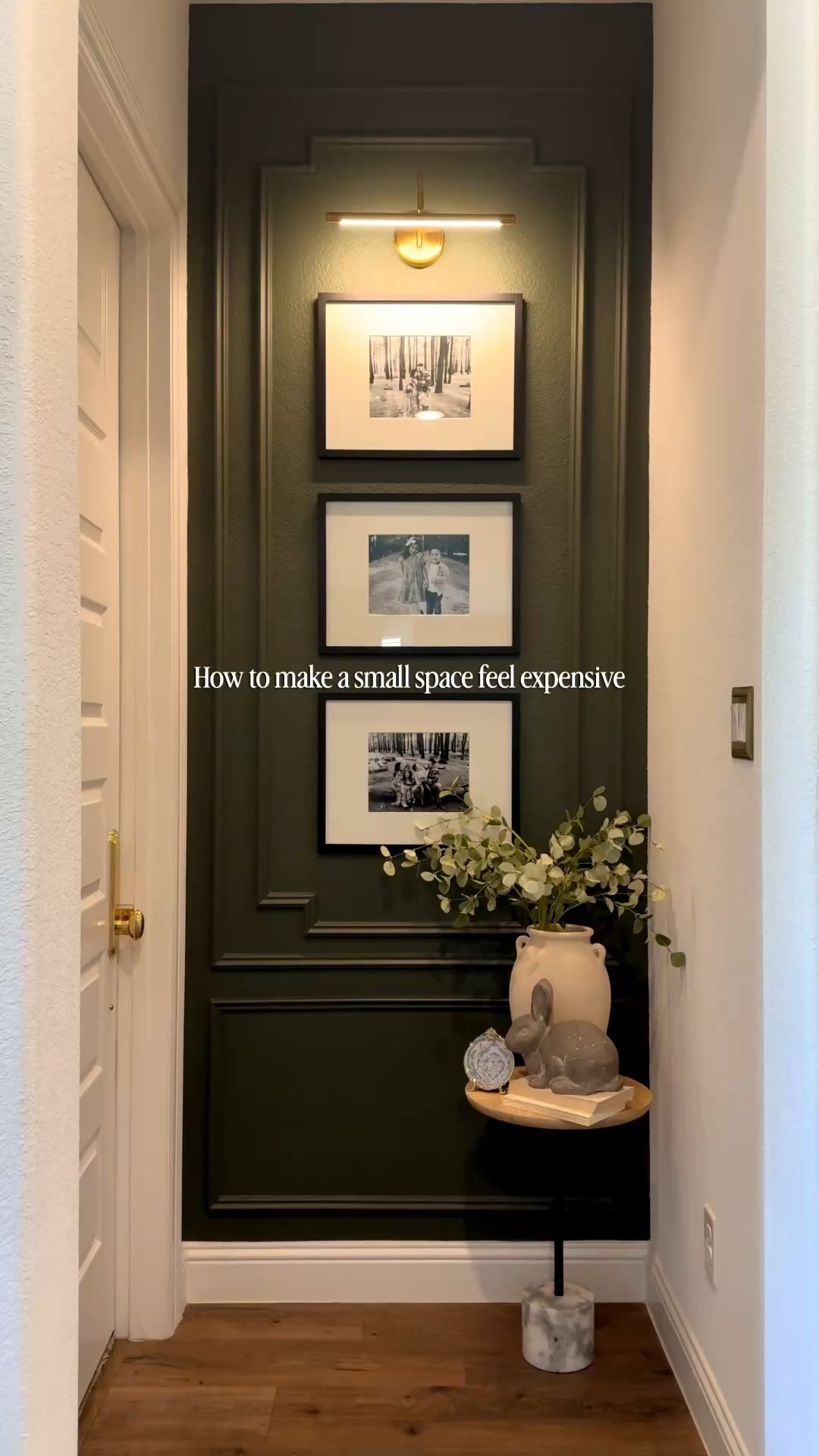 Wall feature, accent wall, door hardware, home interior, home inspo, picture frame, picture lighting, side table, vase, home diy, home project, moulding, 

#LTKHome #LTKstorytime