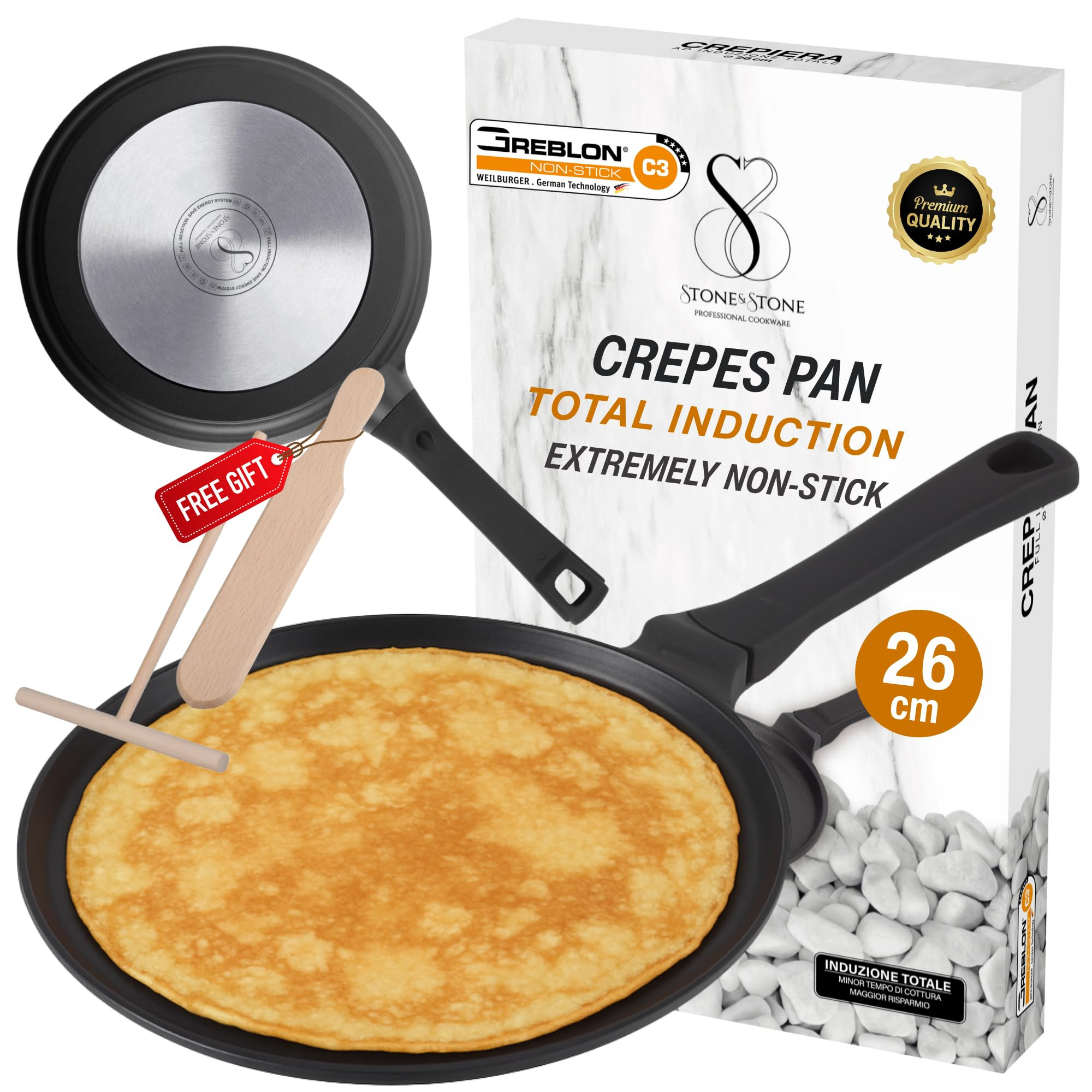 Stone&Stone Padella per Crepes Induzione 26cm | Rivestimento antiaderente Tedesco GREBLON C3+ | F... | Amazon (IT)