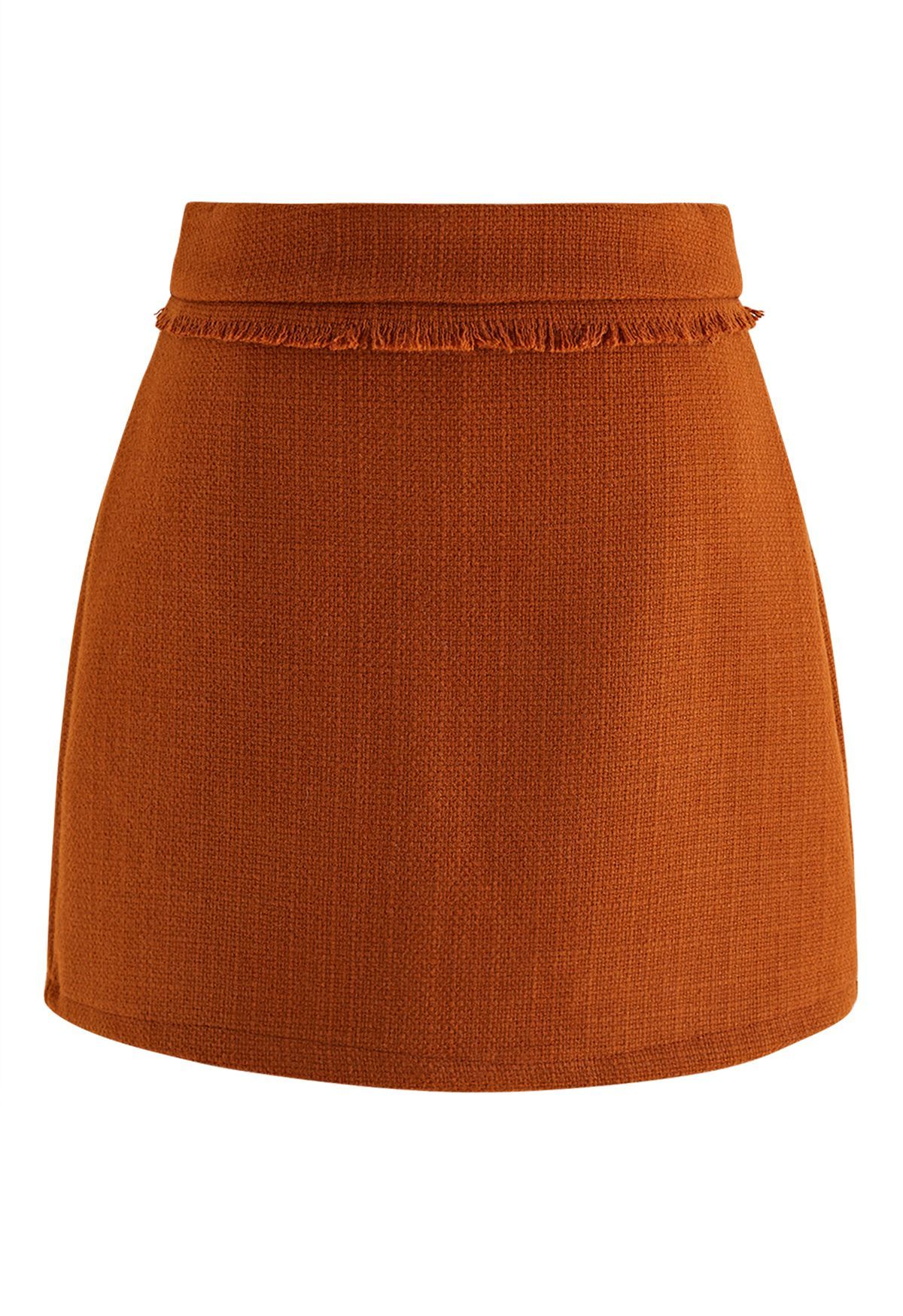 Fringe Trim Tweed Mini Bud Skirt in Orange | Chicwish