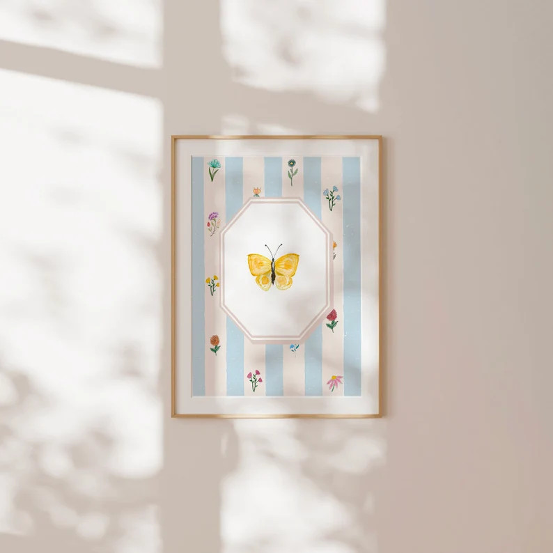 Blue Vintage Floral Wallpaper Butterfly Print, Digital Downloadable Wall Art, Trendy Decor, Vinta... | Etsy (US)