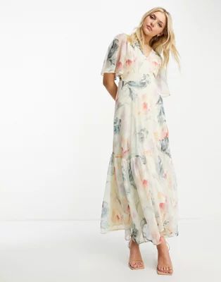 Hope & Ivy flutter sleeve wrap maxi dress in cream floral | ASOS (Global)