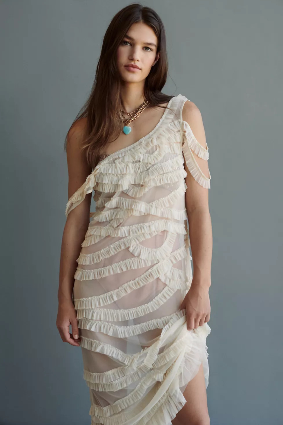 UO Anderson Sheer Ruffle Midi Dress | Urban Outfitters (US and RoW)