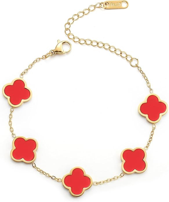 18K Gold Plated Clover Lucky Bracelet for Women White/Black/Red/Green Flower Four Leaf Link Brace... | Amazon (US)