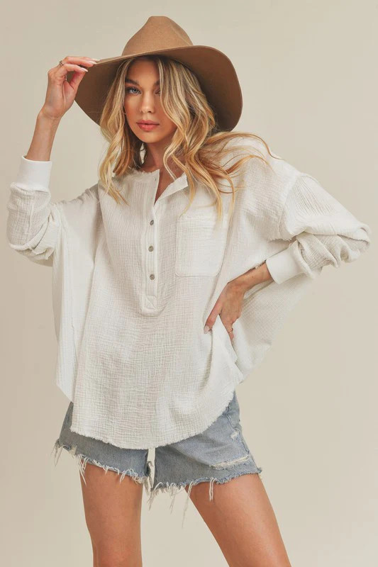 Aemi + Co Exposed Seam Raw Hem Half Button Top White / L | Casual Chic Boutique