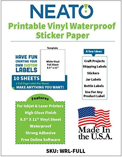 Printable Vinyl Waterproof Sticker Paper for Inkjet and Laser Printer - 10 White Full Sheet Super... | Amazon (US)