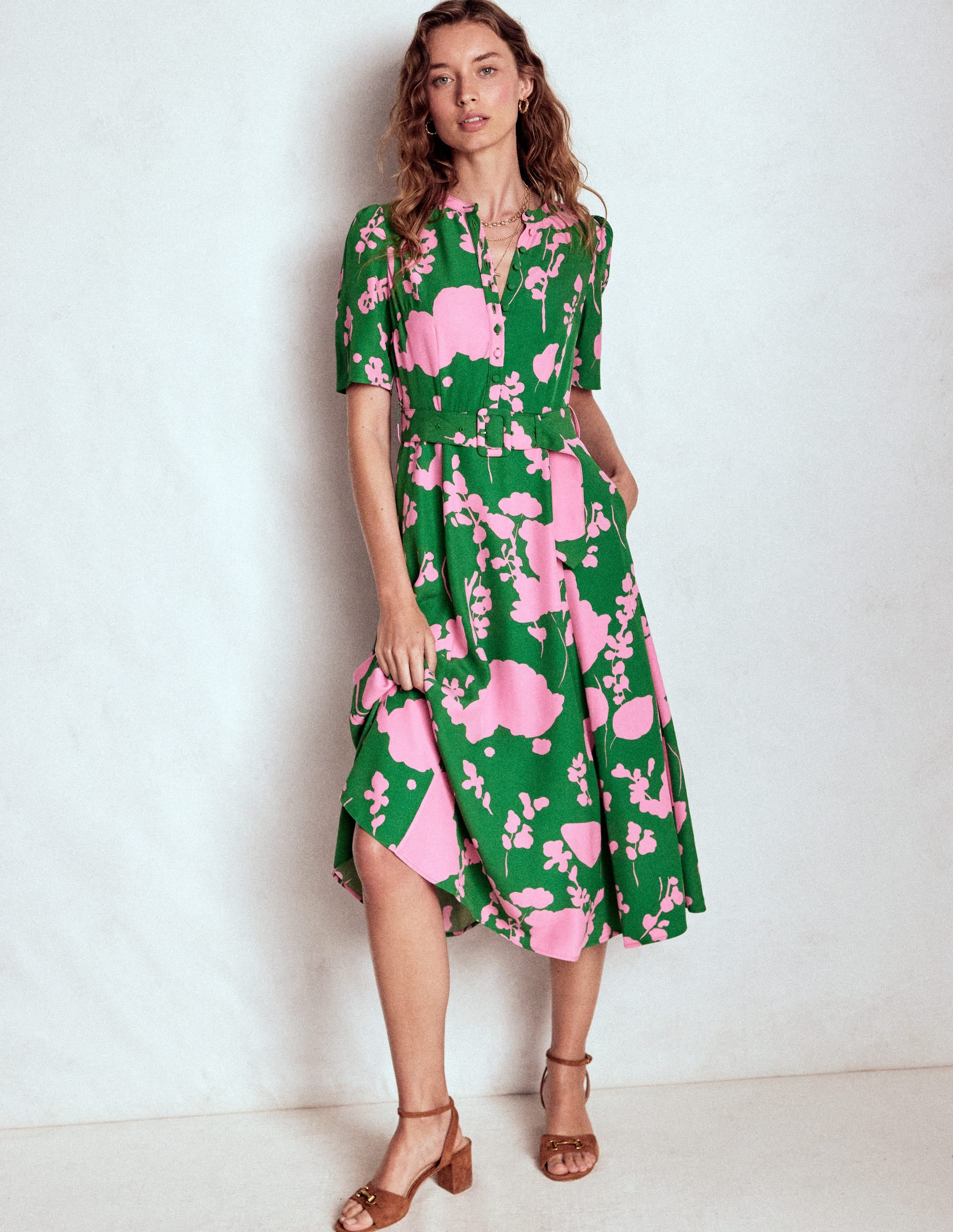Kate Puff Sleeve Belted Dress-Highland Green, Dainty Sprigs | Boden (US)