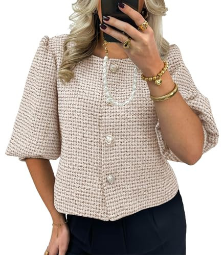 Cicy Bell Womens Cropped Tweed Blazers Puff Short Sleeve Crew Neck Button Business Casual Suit Jackets Khaki | Amazon (US)