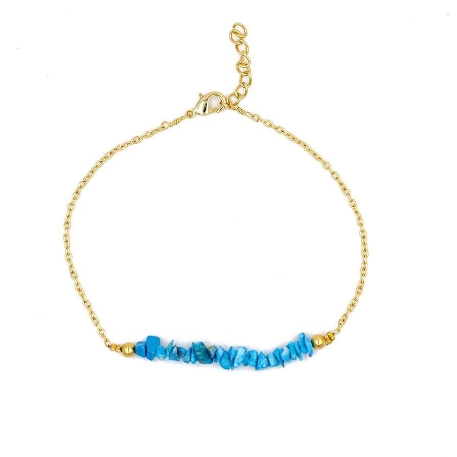 NATURAL CHIPS BRACELET, 7 + 1 Inch 14k Yellow Gold Plated Adjustable Chain (Turquoise) | Amazon (US)