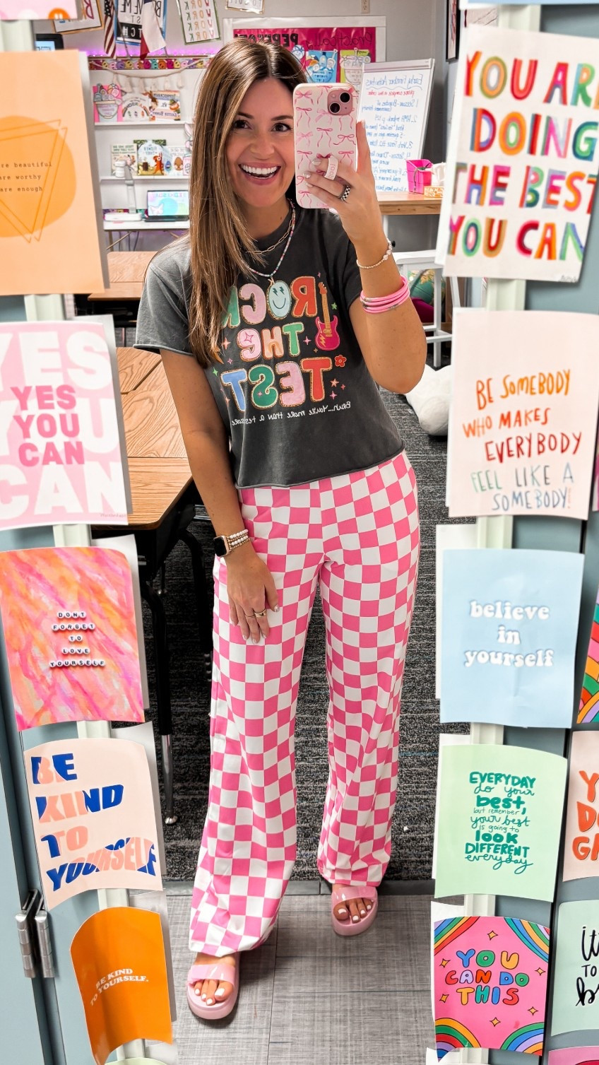 Etsy tee//small (cut to length) 
Amazon pants//small
Steve Madden girl shoes//big kid 5 (usually 7-7.5 women) 

Test day, teacher, checkered pants, comfort, jelly shoes 

#LTKPetite #LTKootd