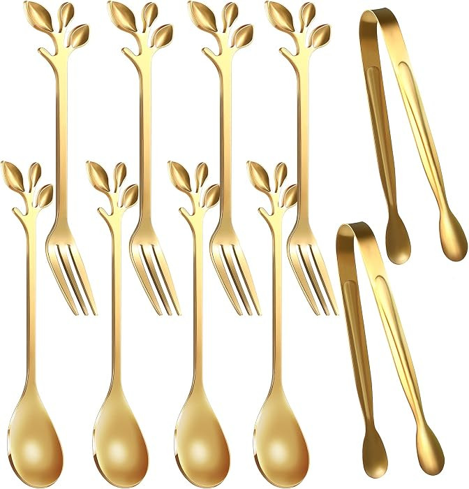 Sieral 10 Pieces Leaf Coffee Spoons, Mini Serving Tongs and Appetizer Forks Stainless Steel Sugar... | Amazon (US)