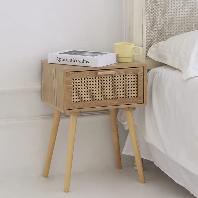 AWASEN Nightstand Mid Century Modern Side Table with Rattan Drawer, End Table with Storage and So... | Amazon (US)