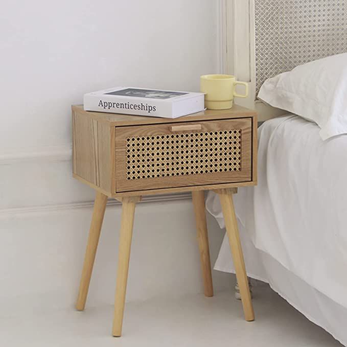 AWASEN Nightstand Mid Century Modern Side Table with Rattan Drawer, End Table with Storage and So... | Amazon (US)