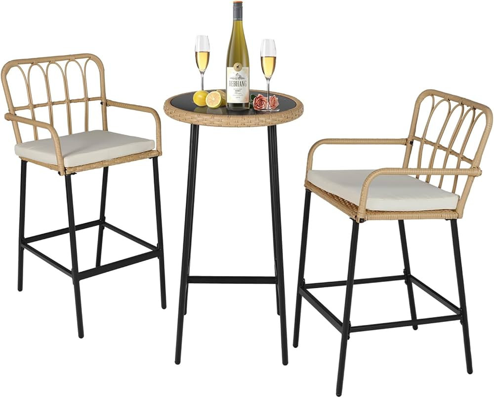 ENSTVER 3-Piece Patio Rattan Bar Set,Outdoor High Top Table and Chairs Set with Cushions&1 Temper... | Amazon (US)