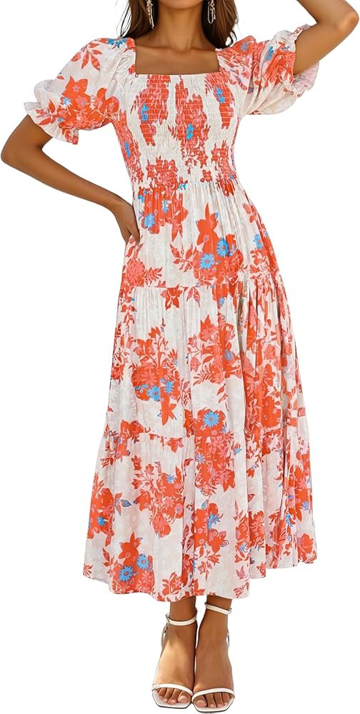 ZESICA Women's 2026 Summer Boho Floral Print Dress Square Neck Ruffle Swing Beach Vacation Long M... | Amazon (US)